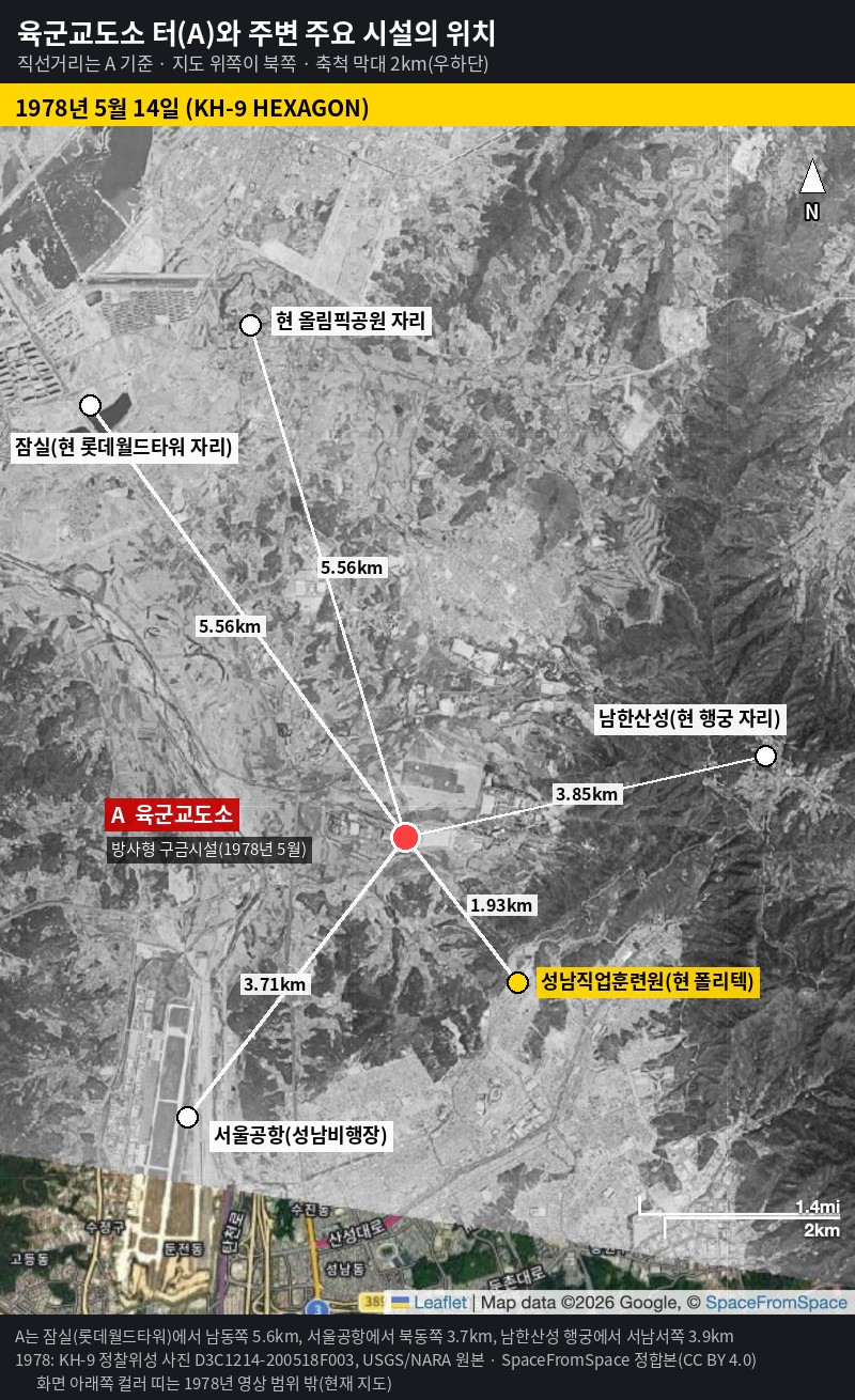 육군교도소 터(A)와 주변 주요 시설의 위치(1978년 5월 14일, KH-9 HEXAGON)